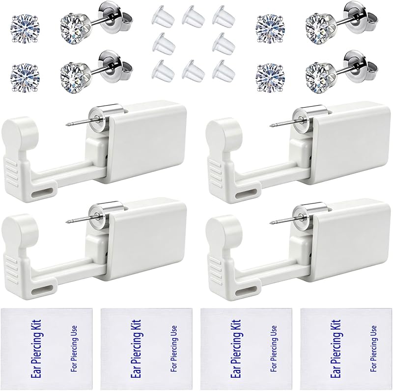 SLVIEKAE Kit descartável para perfuração de orelha com pistolas pré-carregadas e brincos de zircônia cúbica, Pacote com 4