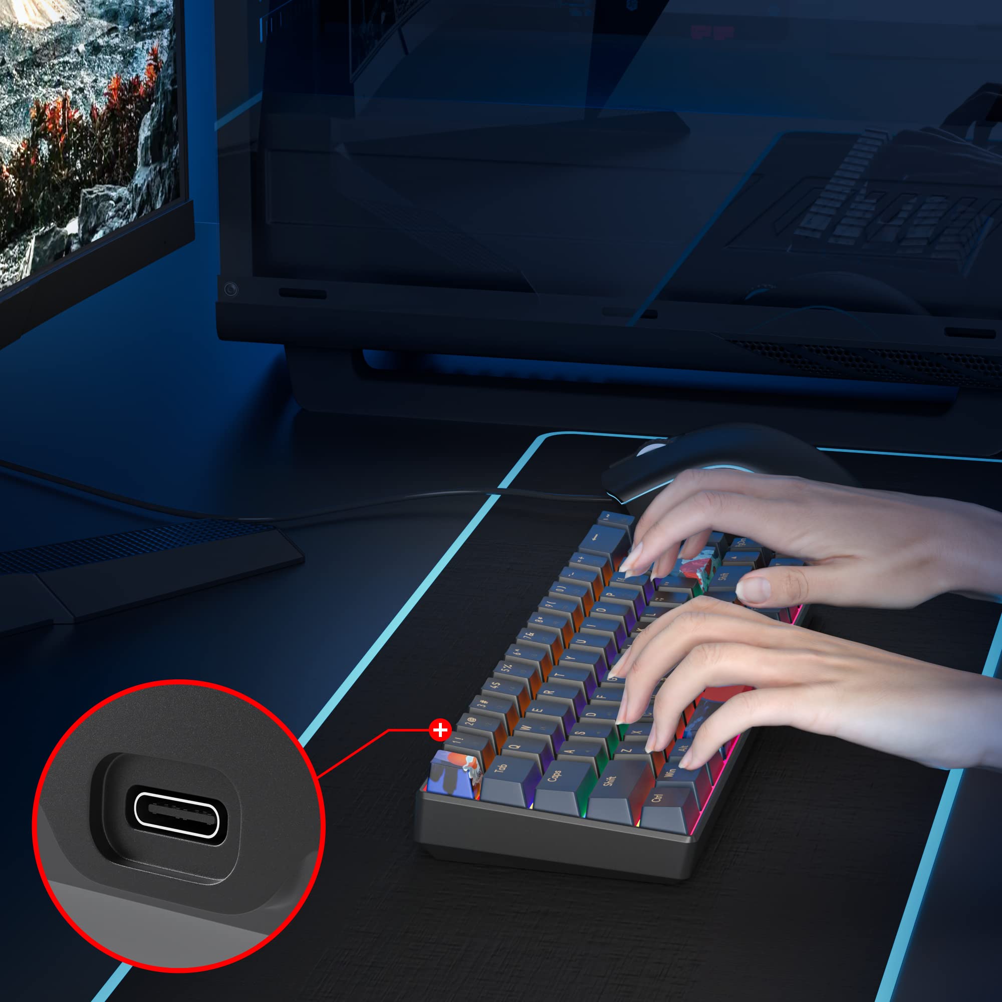 SOLIDEE Clavier de jeu mécanique 65%, 68 touches avec interrupteurs linéaires rouges, filaire avec rétroéclairage LED, lumière mixte, compact (68 Black-Blue)