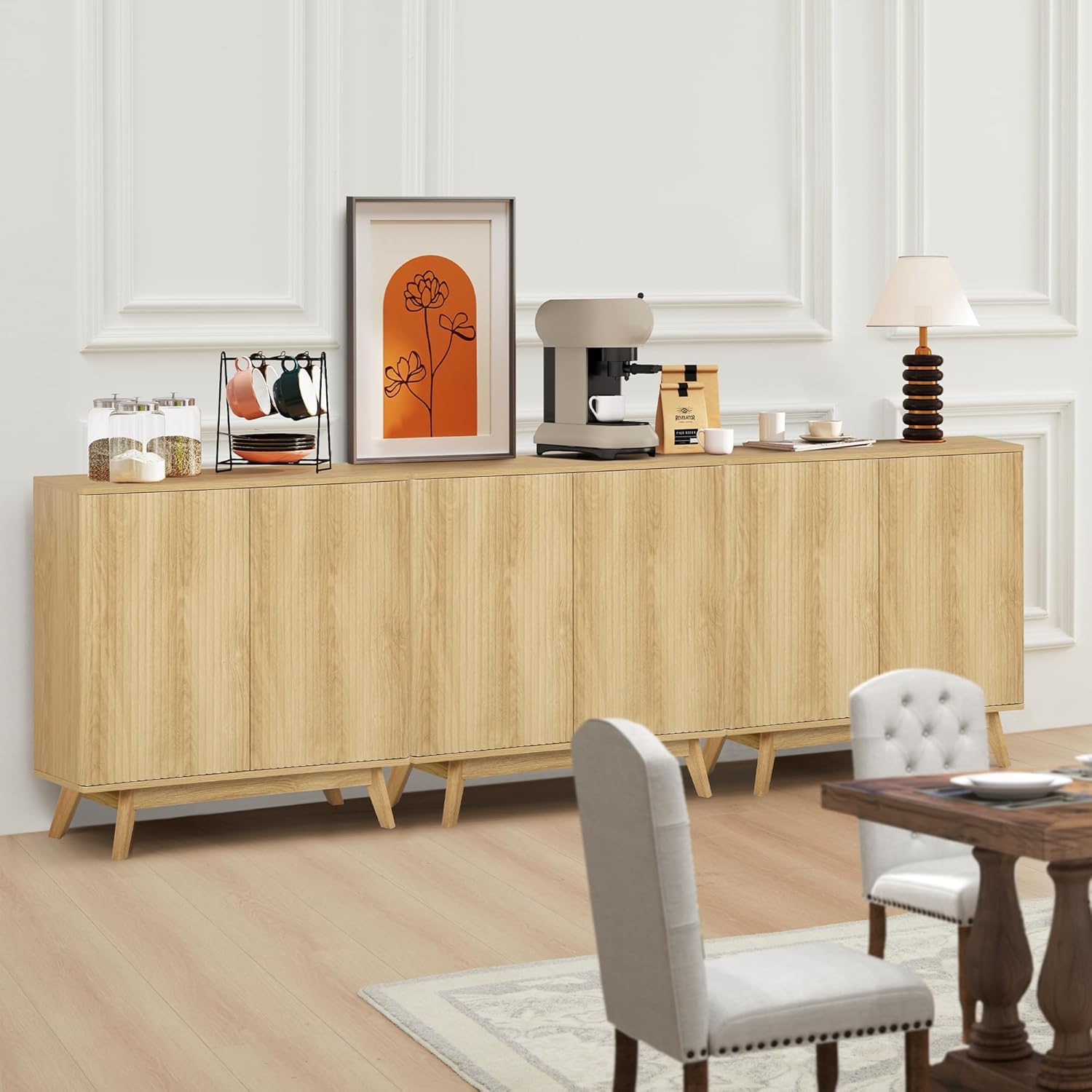 Boho Sideboard Cabinet, Mid Century Modern Fluted Credenza Sideboard Buffet Cabinet with Storage for Kitchen, Dining Room, Office, Living Room TV, Entryway - 2 Doors