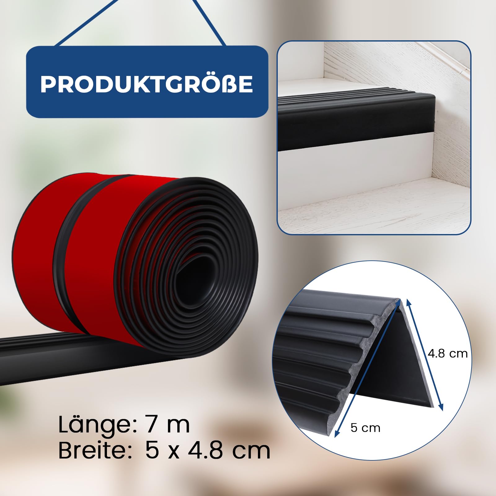 Storystore Profilo per bordi per scale, autoadesivo, 7 m, antiscivolo, in gomma flessibile, antiscivolo, per esterni e interni (nero)