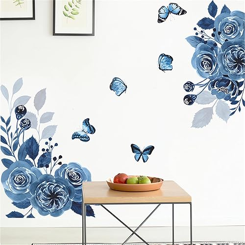 Miniatura 3 de Calcomanías de pared con diseño de peonía y rosas de sirena azul, calcomanías de pared de sacinora con diseño de mariposas y flores, vinilo