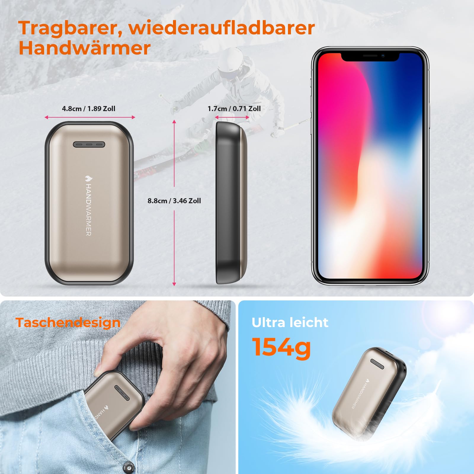 Fitabok Handwärmer Elektrisch 2-Pack – 6000mAh Magnetischer Taschenwärmer, USB-C Elektrische Handwärmer Wiederaufladbar Schnellheizung, 3 Heizstufen Bis 55°C, für Outdoor, Camping, Golf, Raynaud