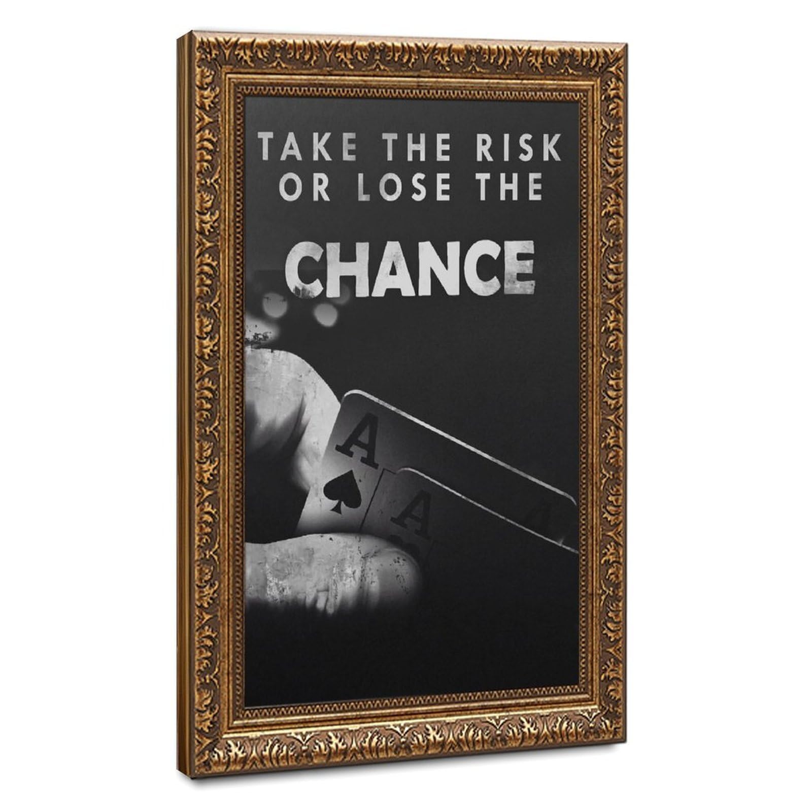 Mnyuein Take The Risk Or Lose The Chance Poker Canvas Poster Bedroom Decor Sports Landscape Office Room Decor Gift Retro Gold Frame 12" L X 18" W