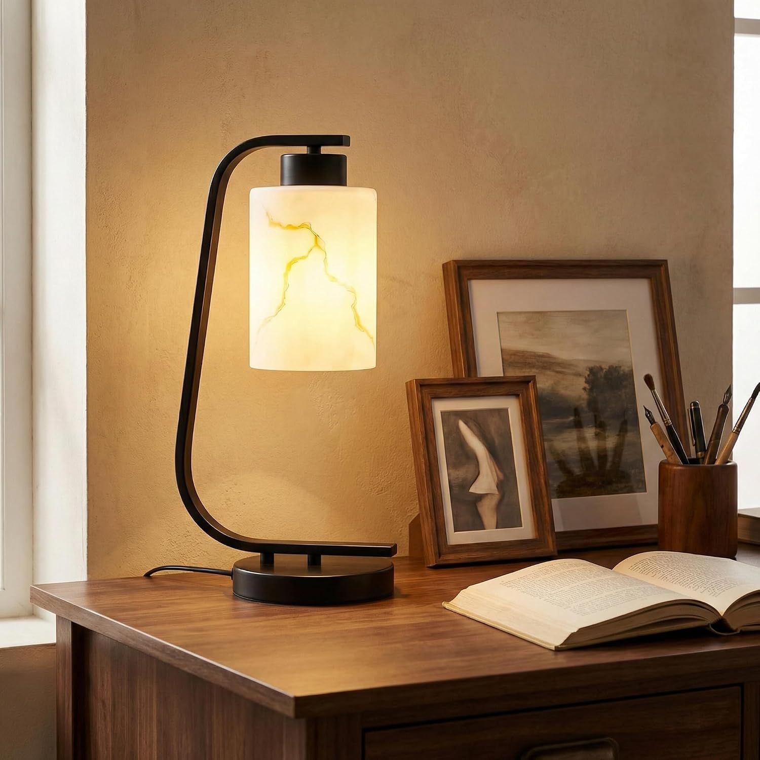 Modern Industrial Table Lamp, Marble Pattern Glass Shade Desk Lamp with C-Shaped Black Metal Base, Bedside Nightstand Lamp for Bedroom, Living Room, Office, E26 Base