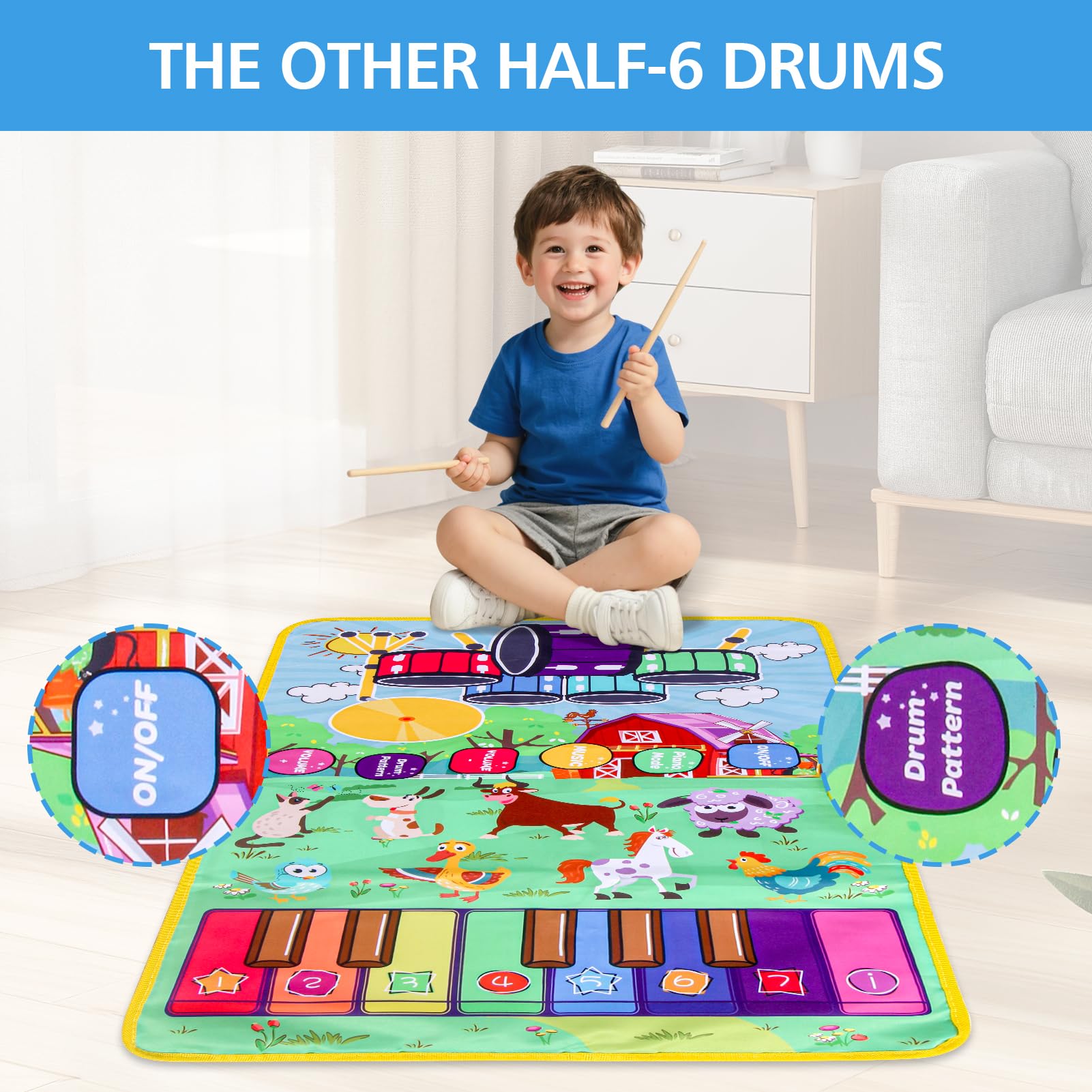 Alfombrilla de piano con sonidos musicales de animales de granja para niños, juguete educativo sensorial de aprendizaje con batería para niños pequeños, tapete interactivo para tocar el suelo 5