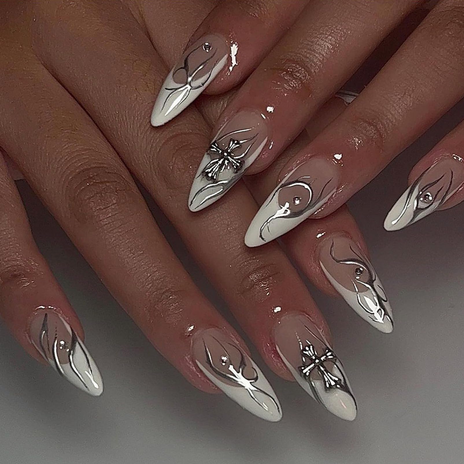 24Pcs Elegant Almond Press on Nails with White Base, Black and Silver Swirl Designs