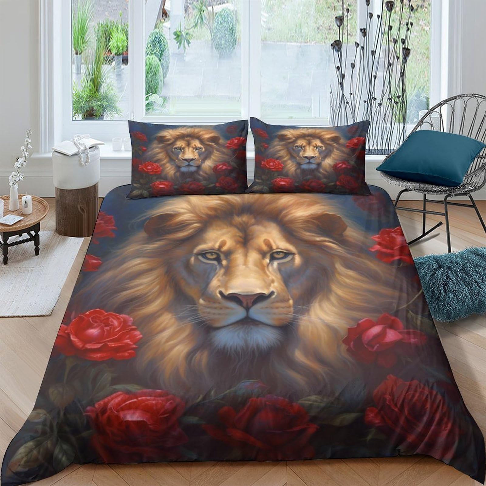3D Printed Lion Rose Duvet Cover Microfiber Soft Breathable Animal Art Bedding Set with 2 Pillowcases for Bedroom Decor Single（135x200cm）