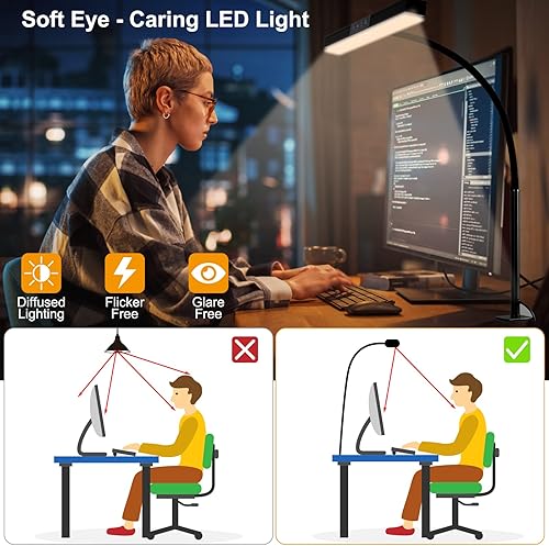 Miniatura 6 de Melaus Lámpara de escritorio LED que cuida los ojos, lámpara de trabajo de arquitecto regulable súper brillante con luz de abrazadera de cuello de