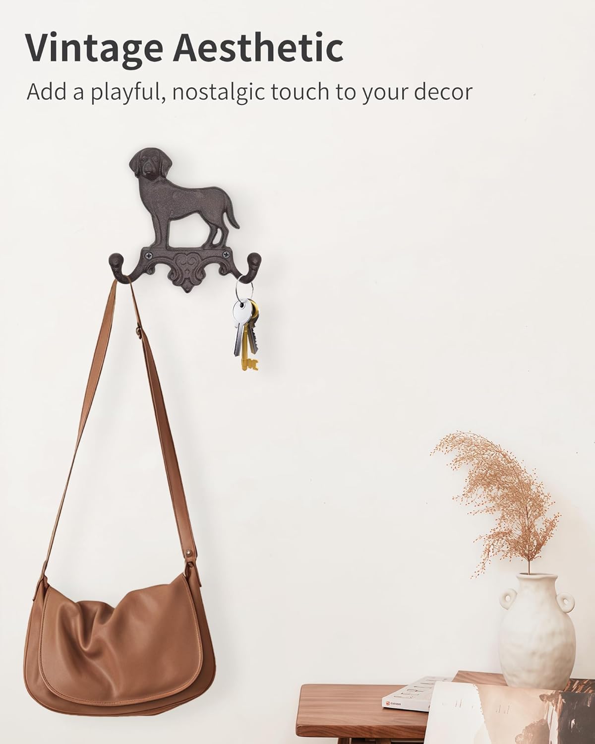 Cast Iron Dog Wall Hooks for Hanging, Heavy Duty Dog Leash Holder for Wall Mount Coat Hooks Decorative Key Hanger Vintage Farmhouse Entryway Cute Animal Decor Rustic Brown 2 Pack