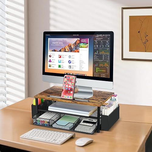 Miniatura 6 de AUPSEN Organizadores y accesorios de escritorio de madera, soporte elevador para monitor de computadora de 2 niveles con cajón, almacenamiento