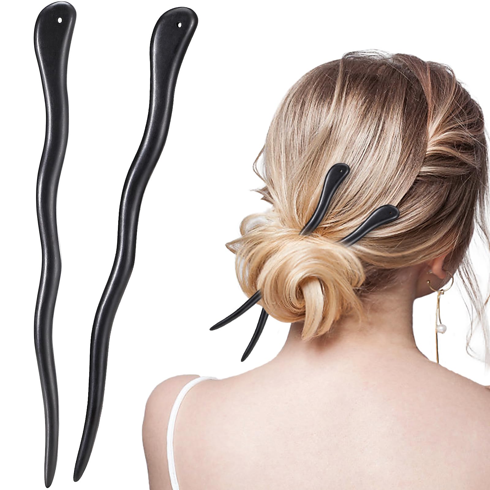 2PCS Ebony Sandalwood French Hair Chopsticks for Chignon Bun Updo Hairstyle Snake