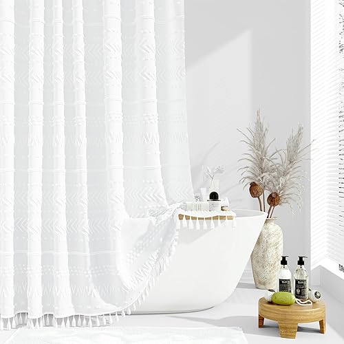 Dynamene Cortina de ducha de 78 pulgadas de largo, cortinas de ducha de tela alta a rayas bohemias para decoración de baño, juego de cortina de