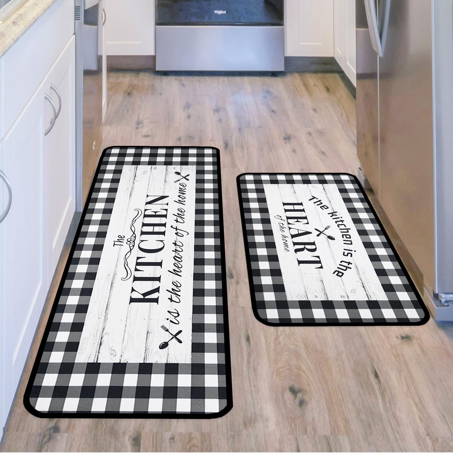 Black and White Buffalo Plaid Kitchen Rugs and Mats Set of 2, Farmhouse Kitchen Decor and Accessories Decoration, Check Kitchen Rug Non-skid Washable Kitchen Mats for Floor, 17
