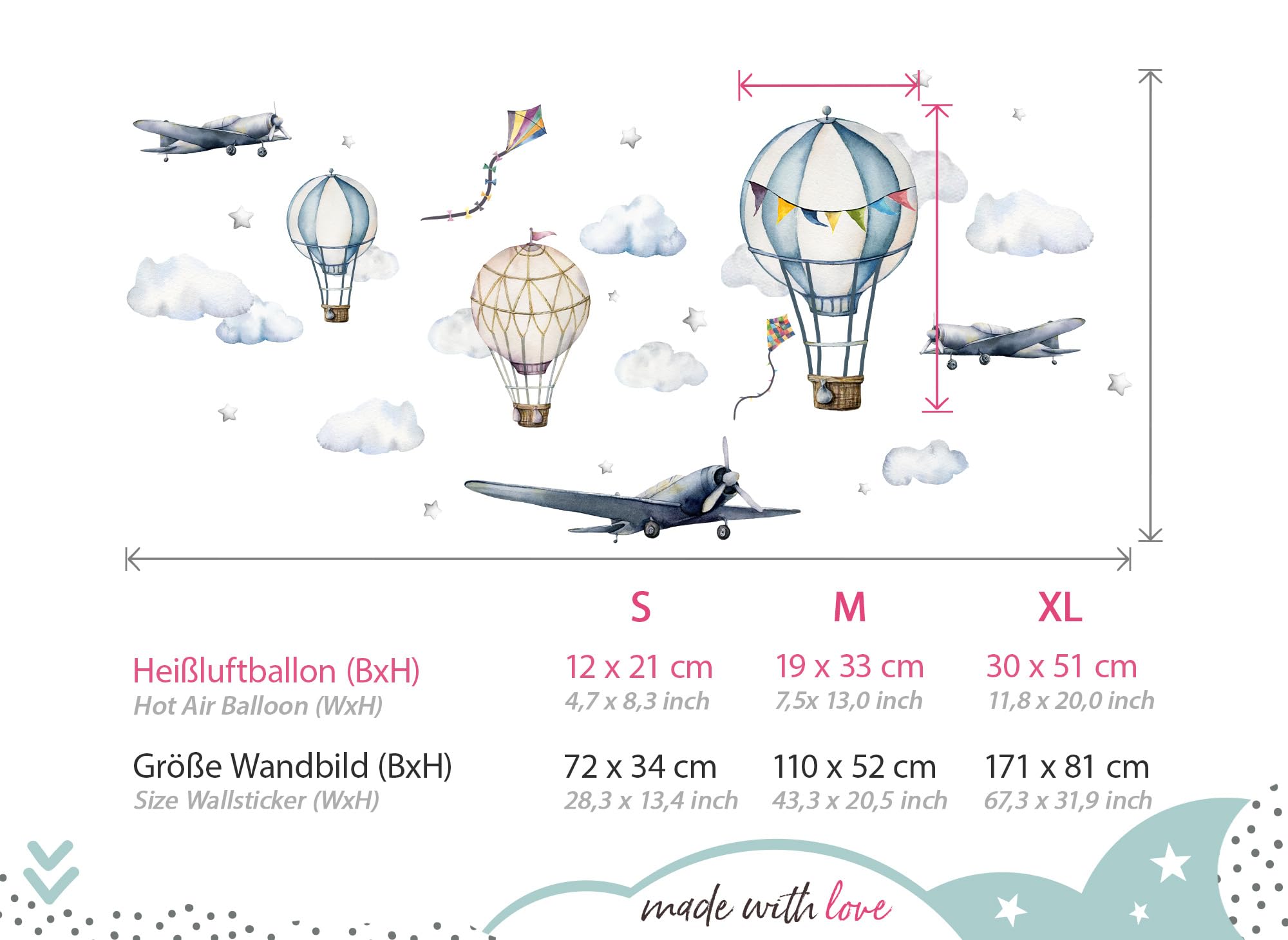 Little Deco DL707-4 Sticker mural pour chambre d'enfant Motif avion et montgolfières