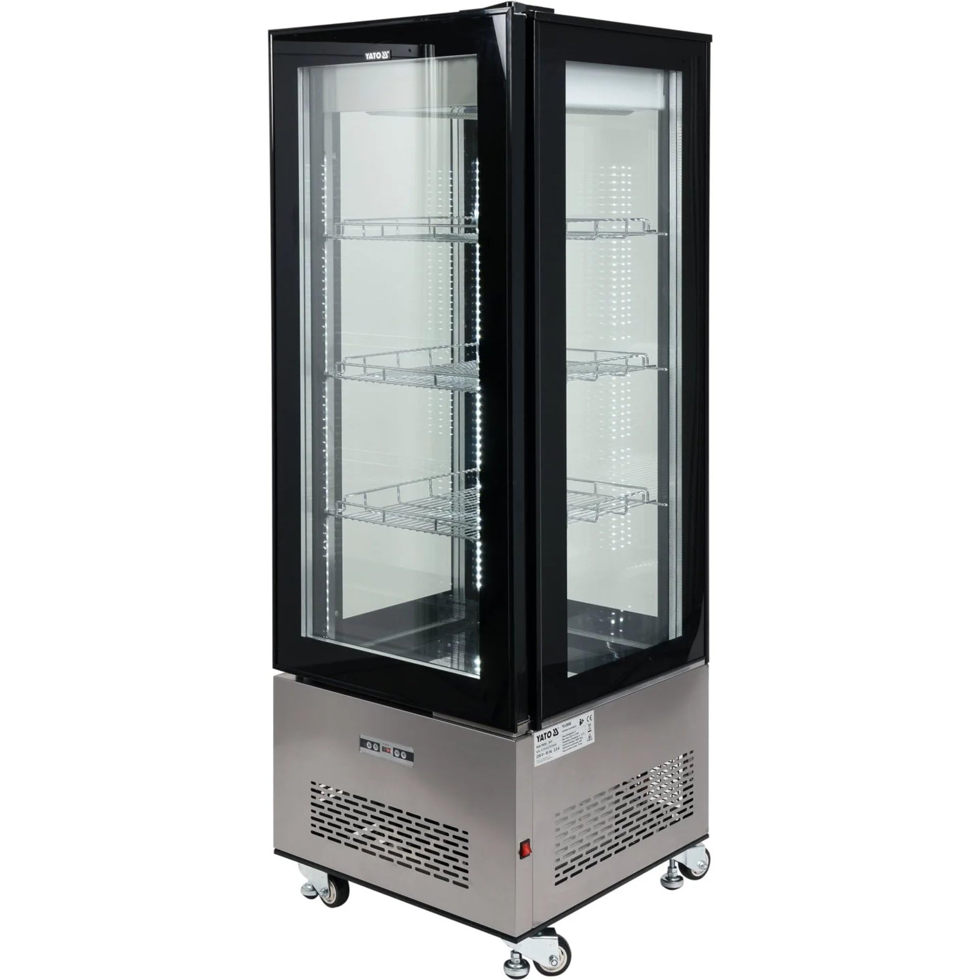 YATO 400L Kühlvitrine in Schwarz, 65x65x190cm - Präsentationsvektor, Gastronomie, Catering, Lagerung, Kühldisplay mit LED-Beleuchtung