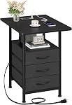 GYIIYUO Night Stand Set 2 with 19'' Large Tabletop, 3 Fabric Drawer and Fast Charging Station, Bedside Table with Spacious Storage, Side End Tables with USB Ports and Outlets, Bedroom, Rustic Brown