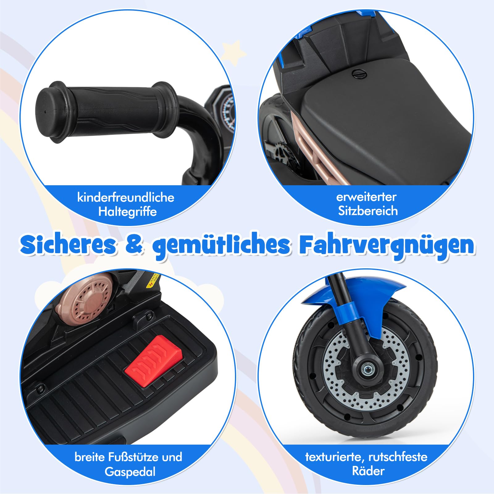 COSTWAY Elektro Motorrad Kinder, Elektromotorrad mit abnehmbaren Stützrädern & Scheinwerfer & Musik & Hupe, 2-3 km/h Motorrad Elektro für Kinder von 18-36 Monaten (Blau)