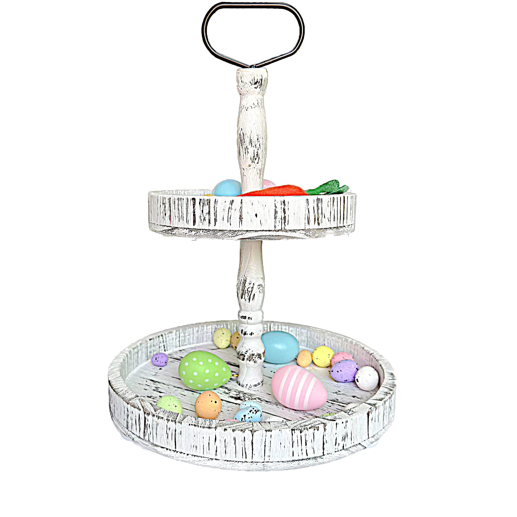 Rustic Wooden 2 Tiered Tray, Round Farmhouse Kitchen Table Serving Tier Tray, Food Fruits Cupcake Display Decorative Tray for Home Kitchen Seasonal Holiday Decorations