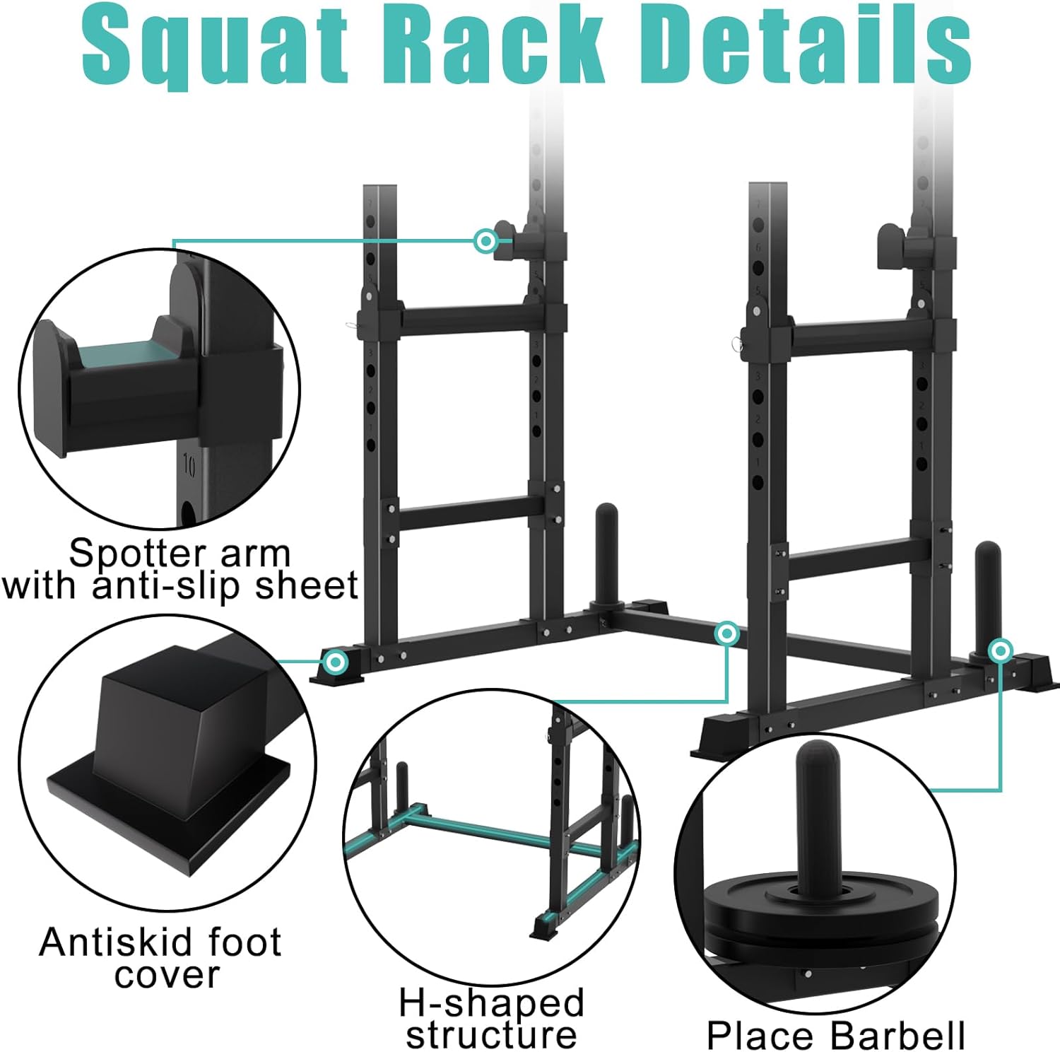 VivZen Adjustable Squat Stand & Bench Press Rack – Multi-Function Barbell Station with Spotter Arms & Weight Plate Storage – 600LBS Heavy Duty Home Gym Equipment (34"-57" Height)