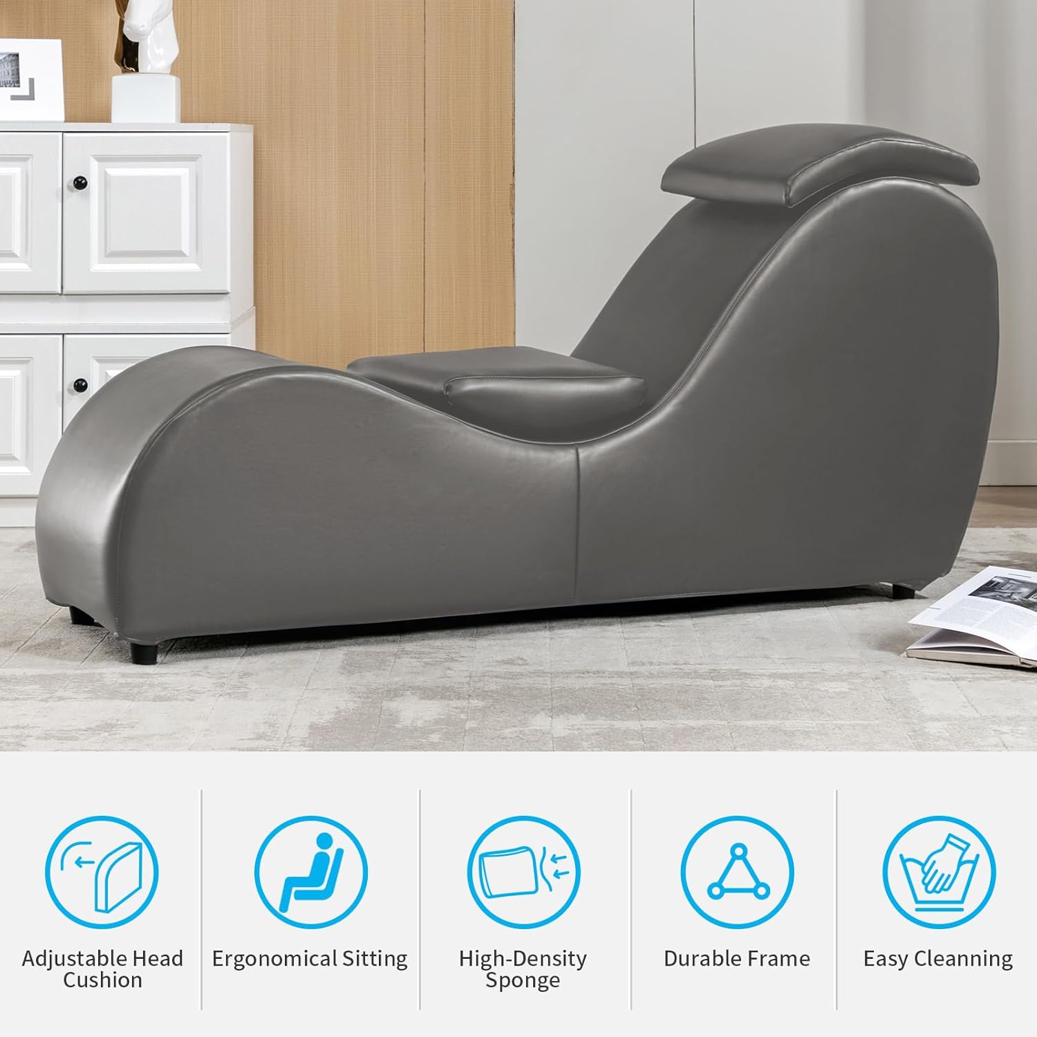 Mjkone Sleek Yoga Chair, Curved Chaise Lounge for Adults, Modern Faux Leather Yoga Sofa Chair for Exercising Indoor with Adjustable Head Cushion, Ergonomic Positioning for Bedroom Lounge, Grey