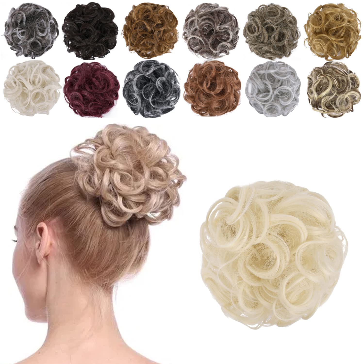 ELAINE Hair Buns Hair Piece Messy Tousled Wavy Curly Scrunchies Wrap Ponytail Extensions with Elastic Rubber Band Synthetic Donut Updo Hairpieces for Women Girls (Bleach Blonde -#31)