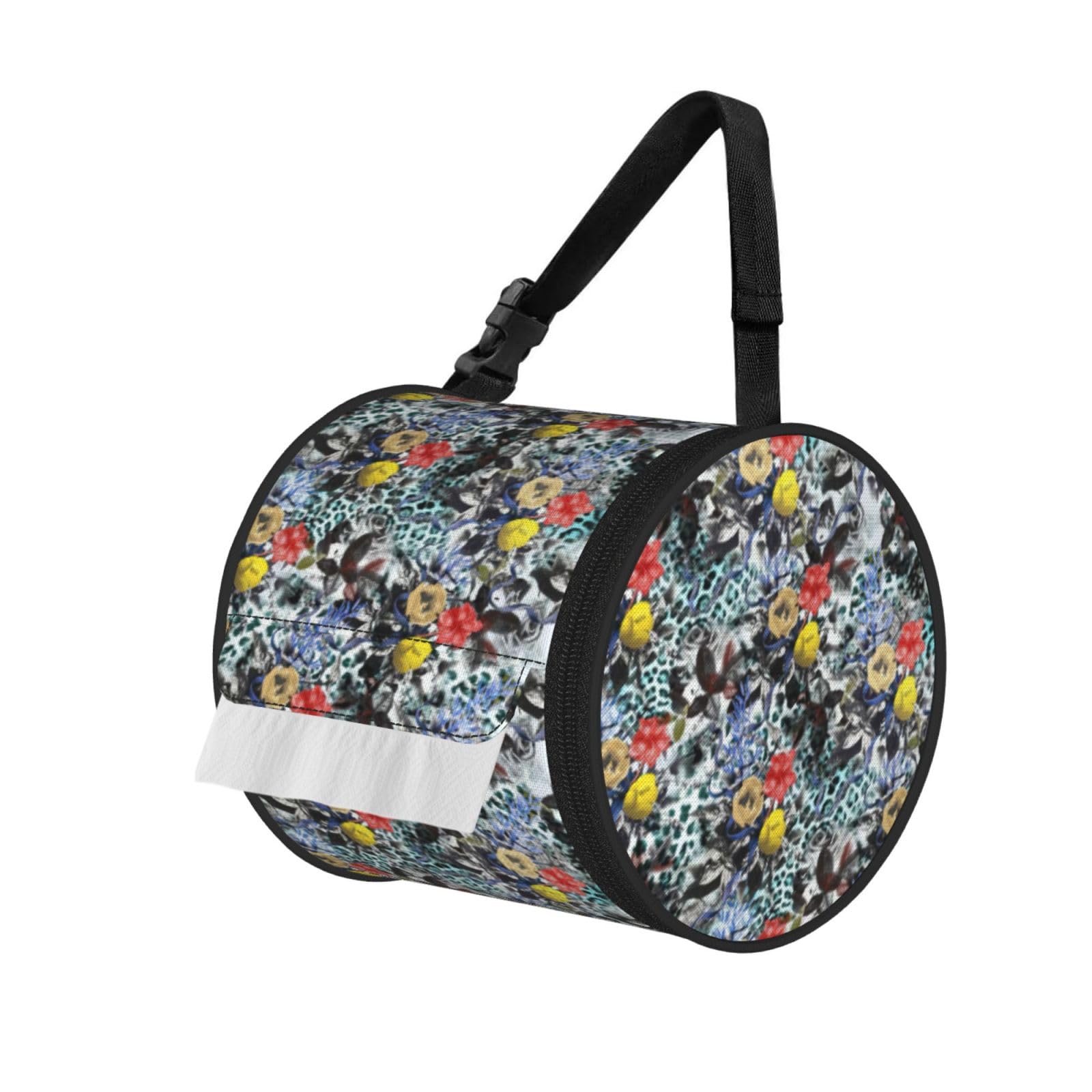 Red And Yellow Flower Print Round Tissue Dispenser Bag With Carry Strap, Portable Roll Holder For Car Travel Home