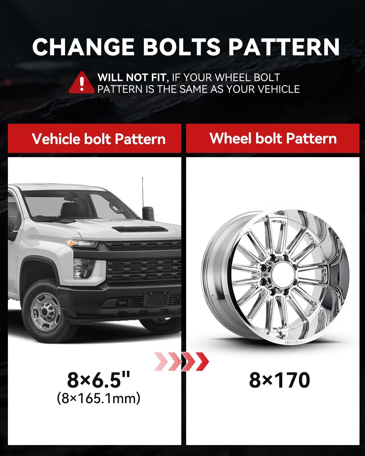 YIZBAP 8x6.5 to 8x170 Wheel Adapters for F250 F350 Wheels on Silverado Vehicle, 1.5 inch 8x165.1mm to 8x170mm Wheel Adapter 126.15mm Hub Bore with M14x1.5 Studs