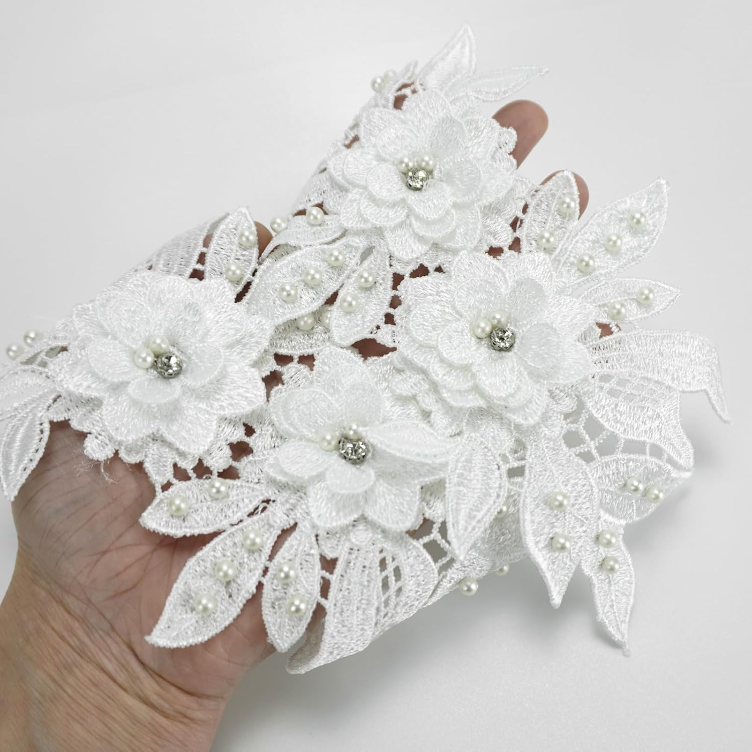 Pair of Embroidery Sequin Lace Applique Sewing Flower Fabric Collar Patch for Wedding Gown Dress Bridal DIY Crafts (White)