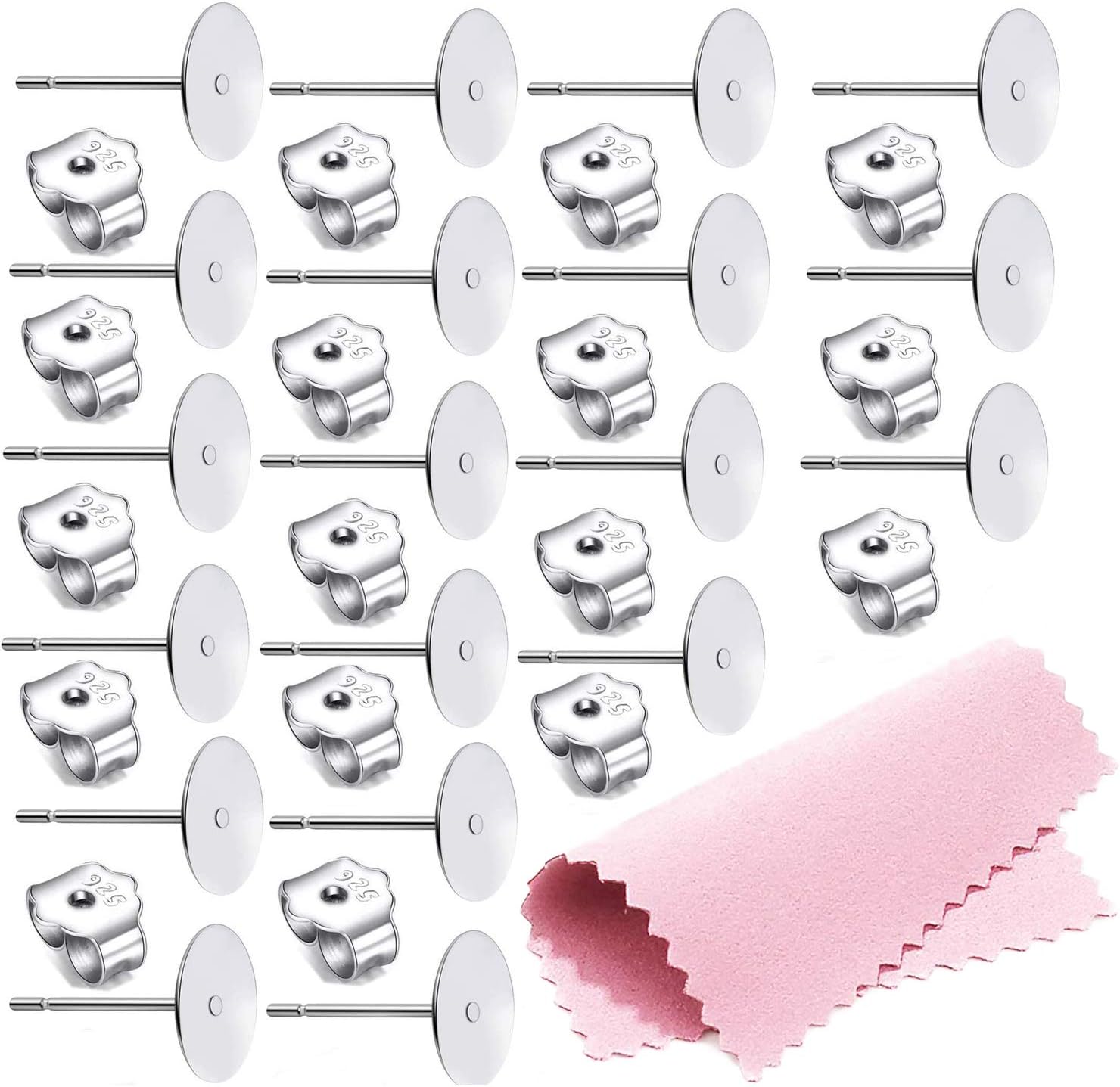 50 PCS 6mm 925 Sterling Silver Earrings Posts Flat Pad Ear Stud with 50 PCS 925 Sterling Silver Earring Backs for Jewelry Making Findings