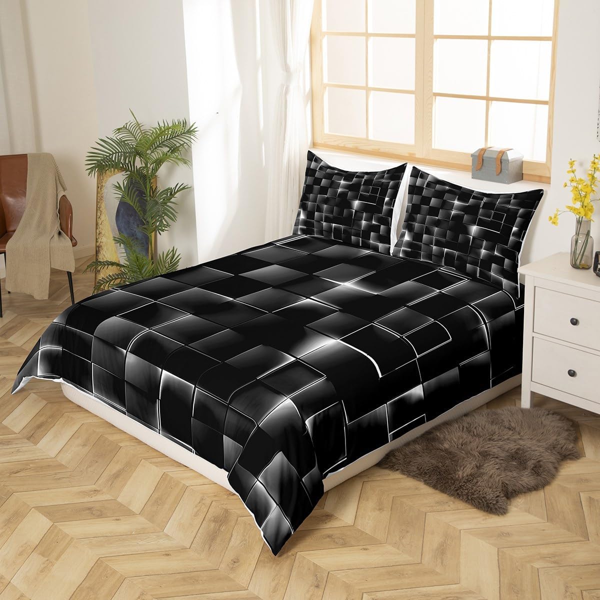 Feelyou Silver and Black Bedding Set King Size Kids Light Geometric Comforter Cover Set for Boys Teens Duvet Cover Modern Style Bedspread Cover Room Decor Quilt Cover