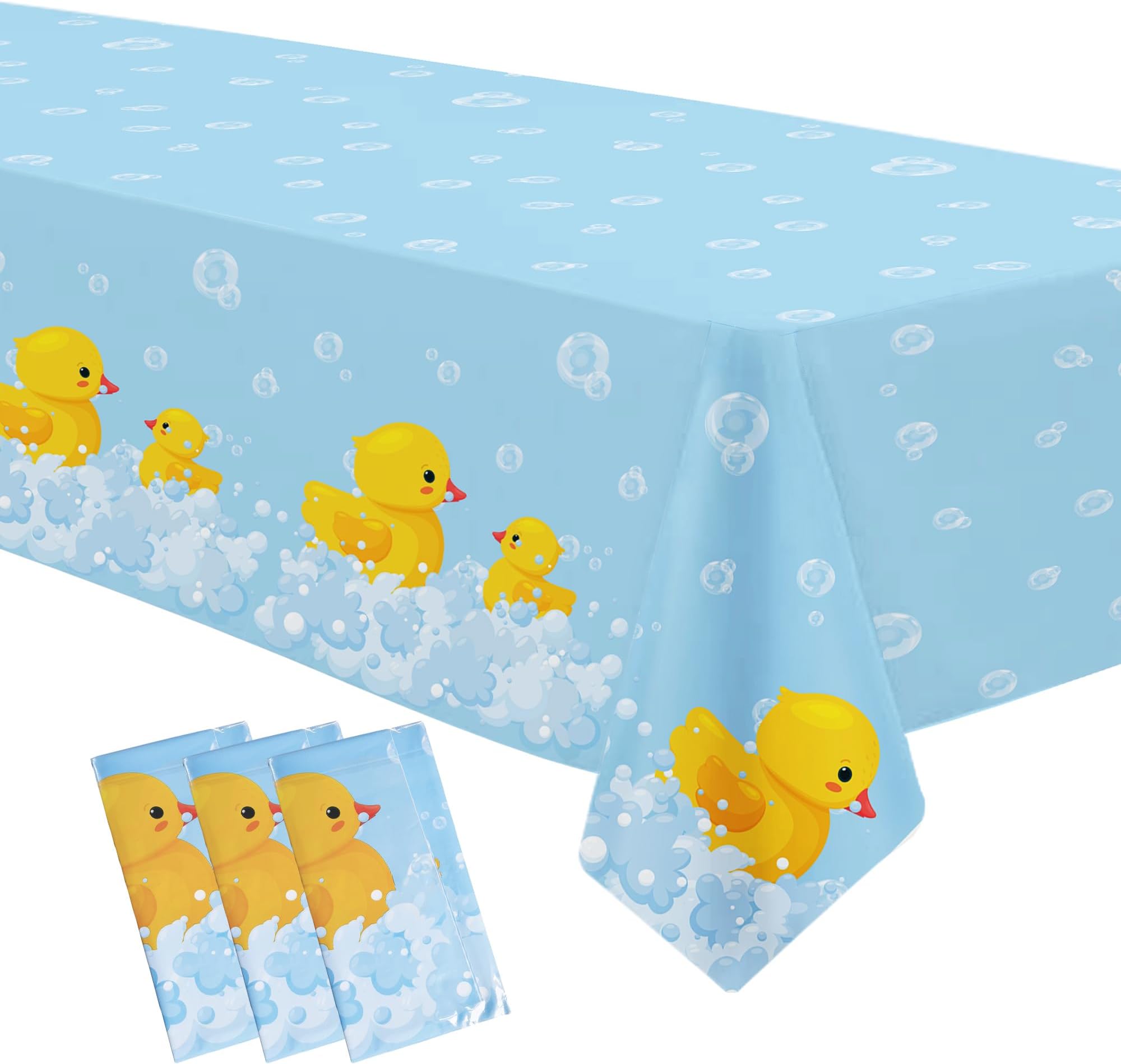 APOWBLS Rubber Duck Party Decorations Tablecloth - Disposable Duck Party Supplies Table Cover, Bubble Bath Rubber Duck Theme Table Cloth for Birthday Baby Shower - 3 Pack (54in x 108in)