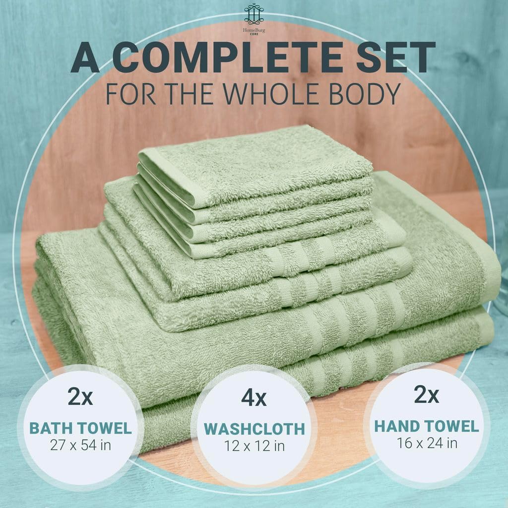 CORE 8-Piece Cotton Towel Set for Bathroom | Value Pack, Soft, Absorbent, Lightweight, Minimalist — 2 Bath Towels (27x54 in), 2 Hand Towels (16x24 in) & 4 Washcloths (12x12 in), Moss Green