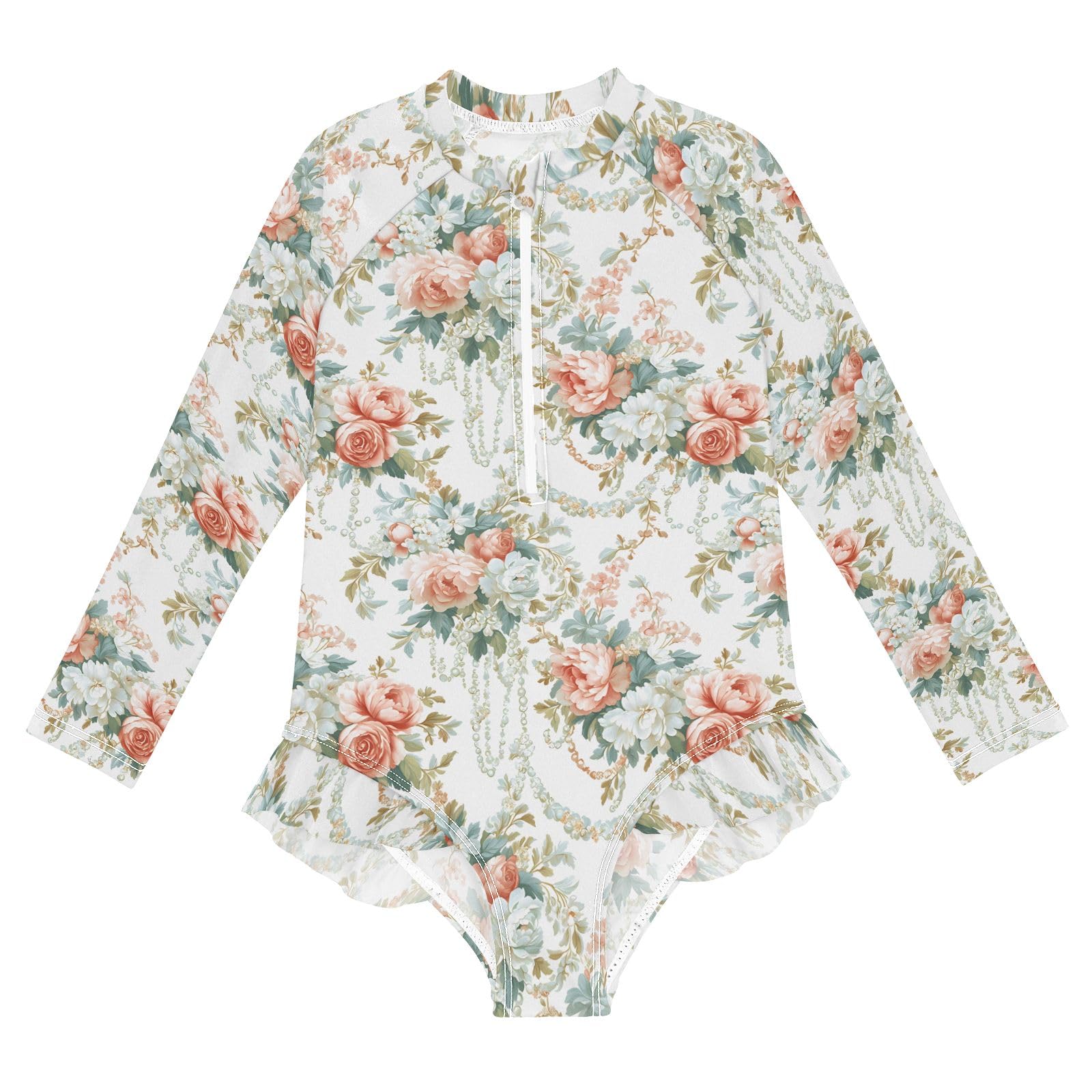 ALAZA Swimsuit for Girls Long Sleeve Rashguard Bathing Suit European Flowers Quick Dry 4T