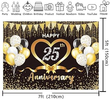 XCKALI Happy 25th Anniversary Backdrop Black and Gold Balloons Wedding Anniversary Bridal Shower Photography Background Happy 25th Party Decorations 7x5FT