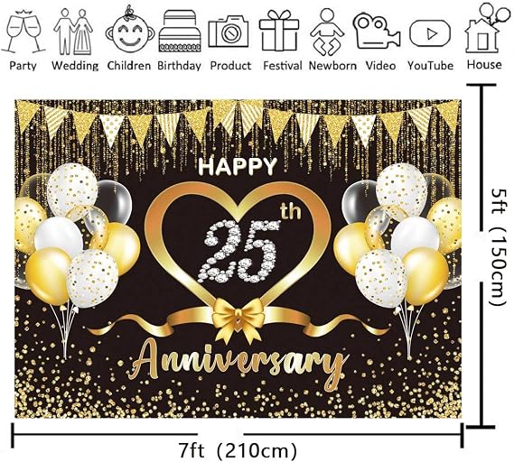 XCKALI Happy 25th Anniversary Backdrop Black and Gold Balloons Wedding Anniversary Bridal Shower Photography Background Happy 25th Party Decorations 7x5FT