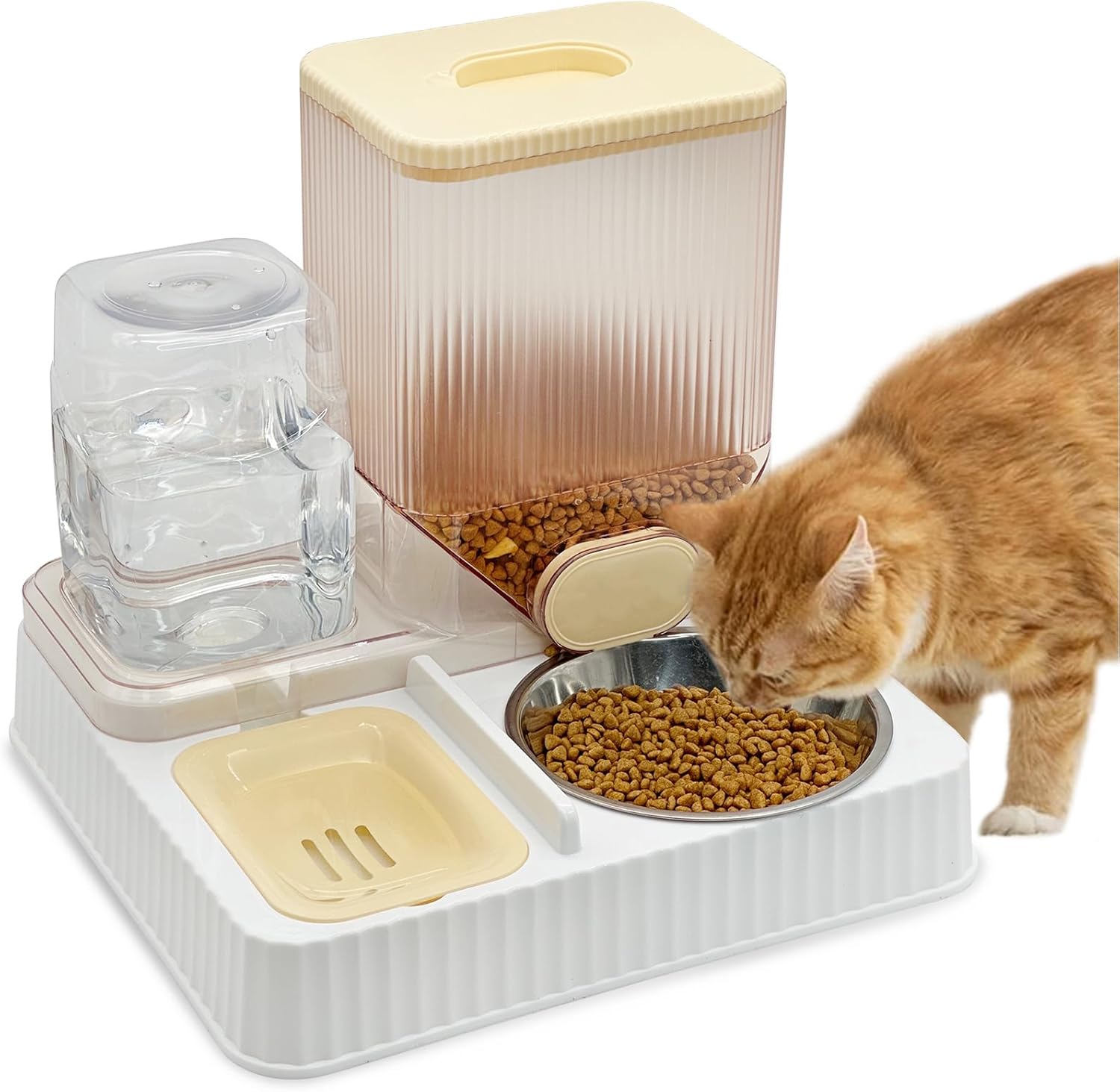 Fhiny Gravity Cat Feeder & Water Dispenser, 2 in 1 Automatic Puppy Waterer Removable Stainless Steel Food Bowls Set Self Feeding Pet Food Storage for Cat Kitten Puppy Easy Clean (White)