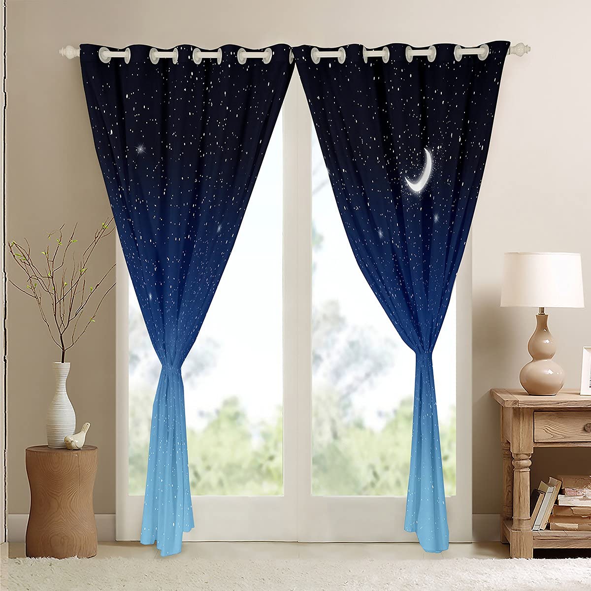 Loussiesd Blaue Galaxie Fenstervorhang 245x140cm Stern Mond Bedrucktes Vorhänge Teenager Kinder Mädchen Jungen Blickdichte Vorhänge Mikrofaser Galaxis Weltraum Thema