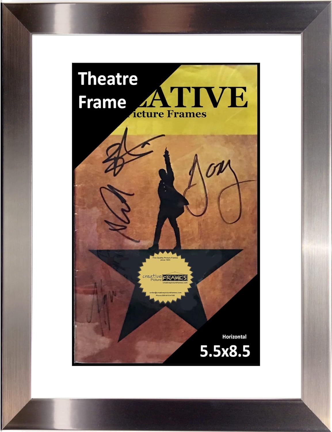 Creative Picture Frames [8.5x11ss-w Stainless Steel Theatre Frame with White Matting, Holds 5.5x8.5-inch Media with Installed Hanger and Stand (Theatre Bill Not Included)