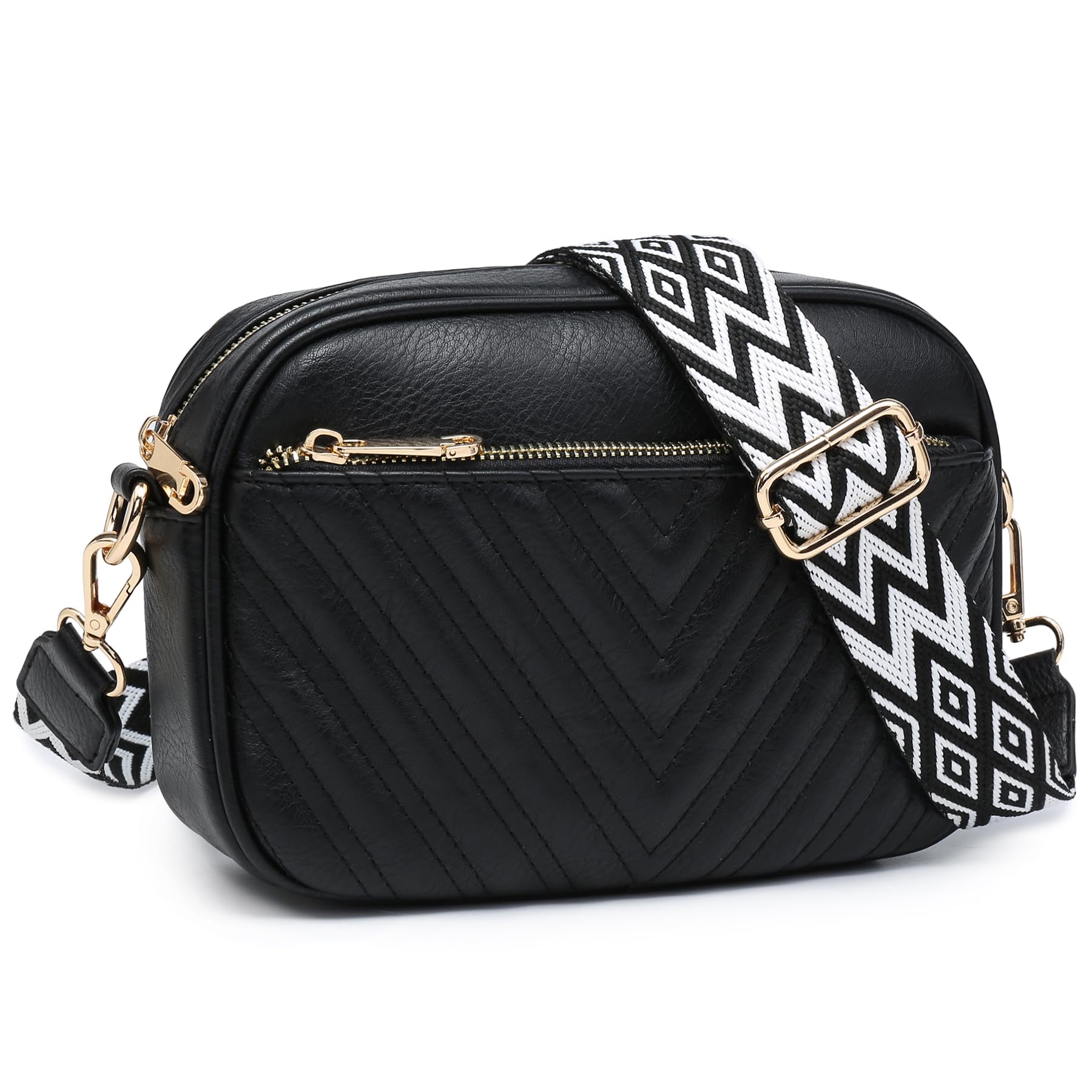 VONMAY Crossbody Purse for Women Quilted Crossbody Bags Vegan Leather Purses Small Shoulder Handbags with Wide Strap, Black