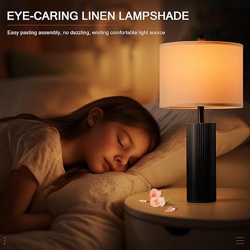 Miniatura 5 de Juego de 2 lámparas negras de 24.5 pulgadas, modernas lámparas de mesa para sala de estar con puertos USB C+A, lámparas táctiles creativas a rayas