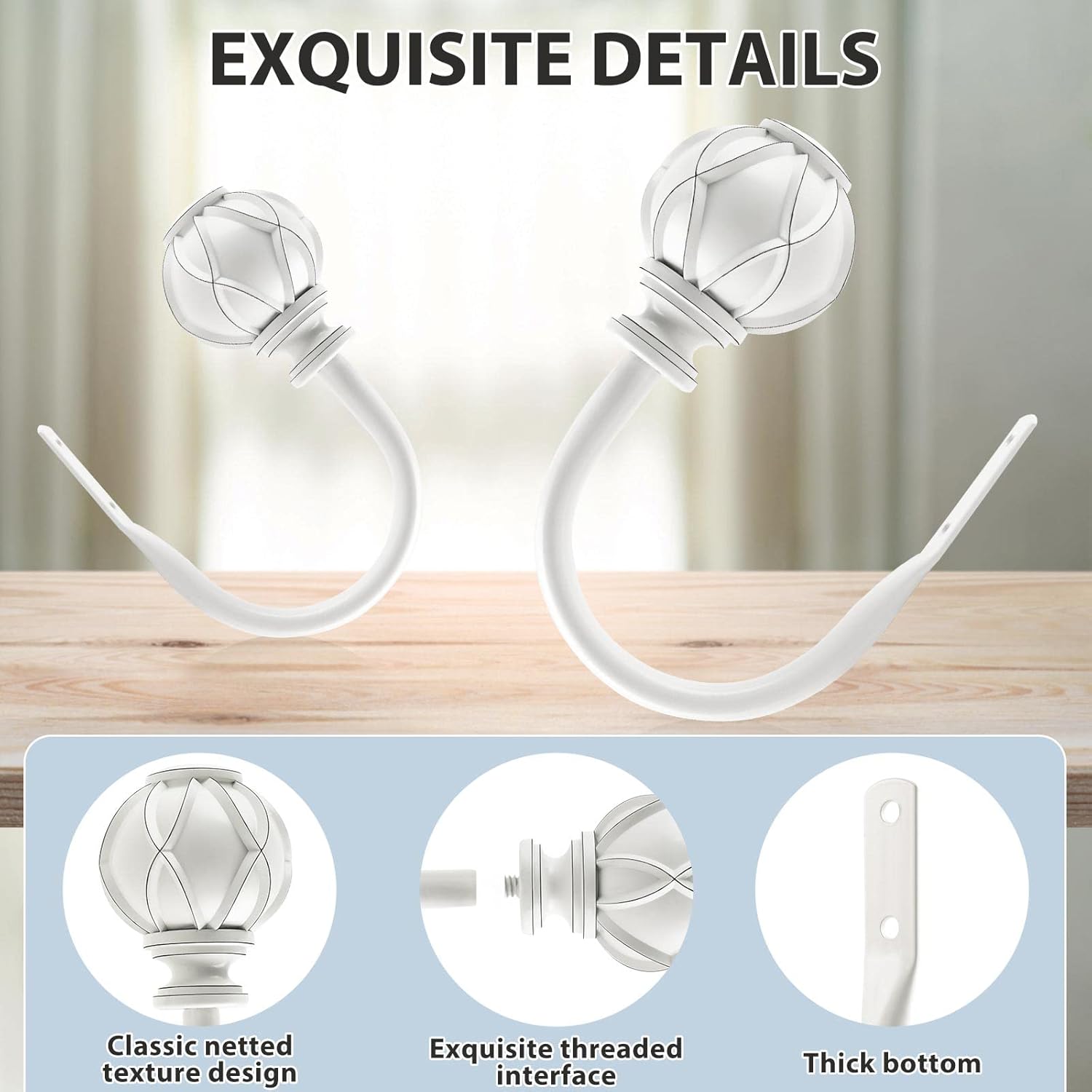 KAMANINA Bundle of 66 to 120 Inches Double Curtain Rod and Matched Holdbacks 1 Pair, Netted Texture Finials, White