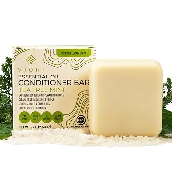 Viori Tea Tree Mint Conditioner Bar for Oily Scalp - Essential Oil | Cooling tea tree & mint scent; detangles & conditions; handcrafted with Longsheng rice water; vegan, plastic-free