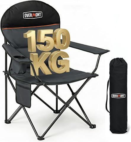 OVERMONT Sedia da Campeggio Imbottita, Seduta 62 cm, 150 kg, Nero