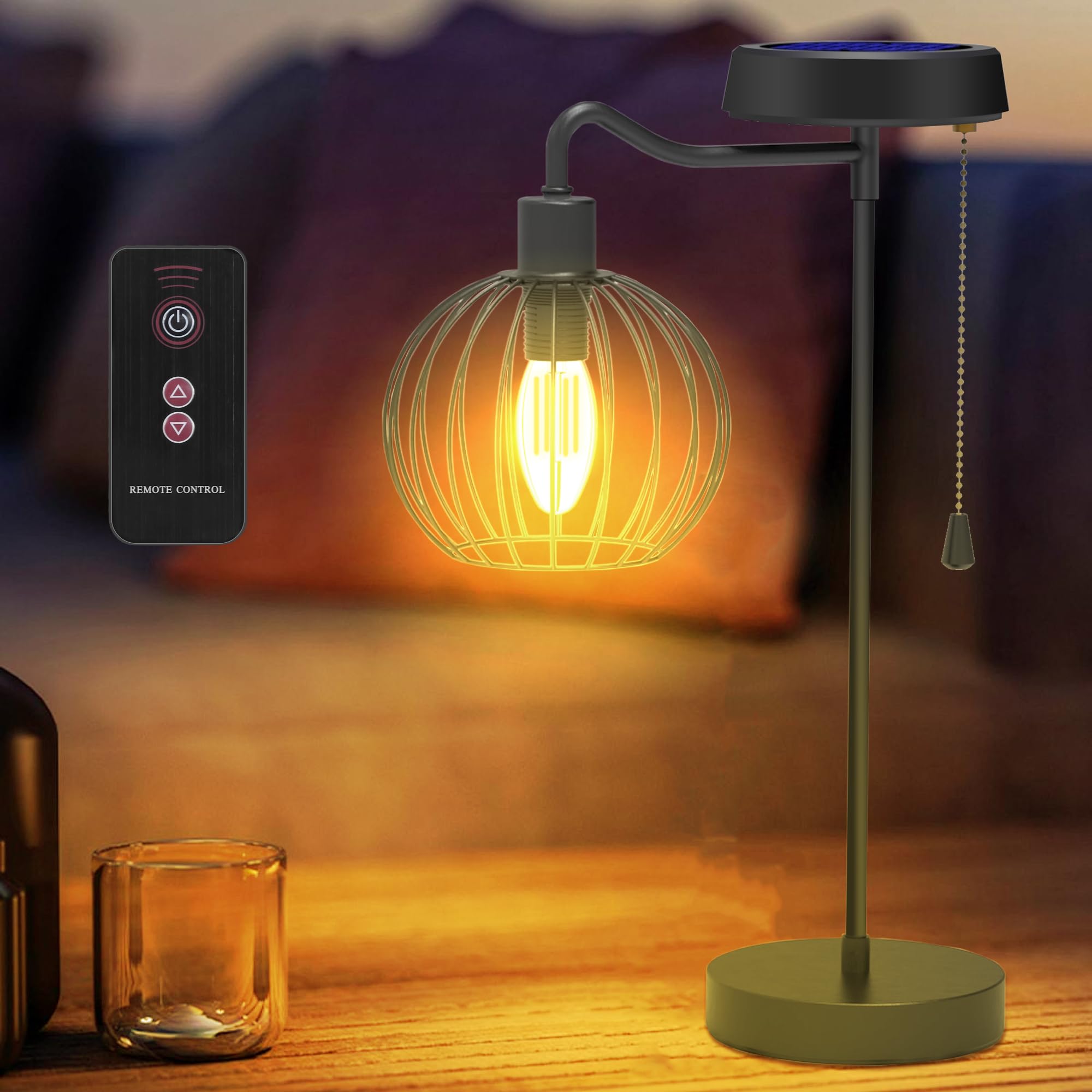 Solar Table Lamp, Cordless Table Lamp Outdoor Waterproof, Solar Lanterns Outdoor Waterproof, Outdoor Table Lamp with Pull Chain and Remote for Outside Patio Garden Yard Indoor Gazebo Terrace (1 Pack)