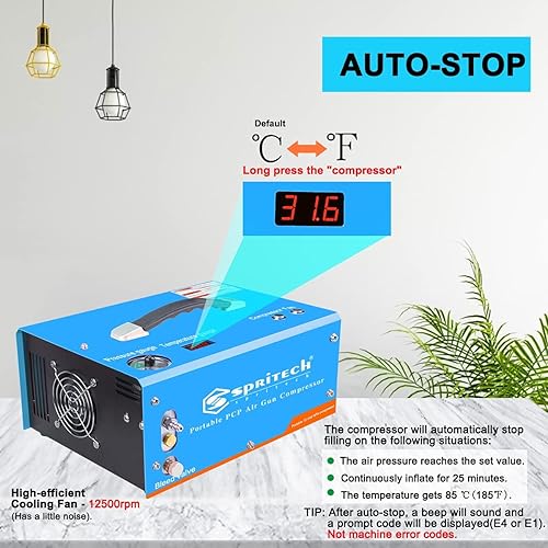 Miniatura 4 de Spritech Compresor de aire PCP, apagado automático de 4500 Psi30 Mpa sin aceiteagua, pistola de aire de presión y bomba de tanque de paintball con
