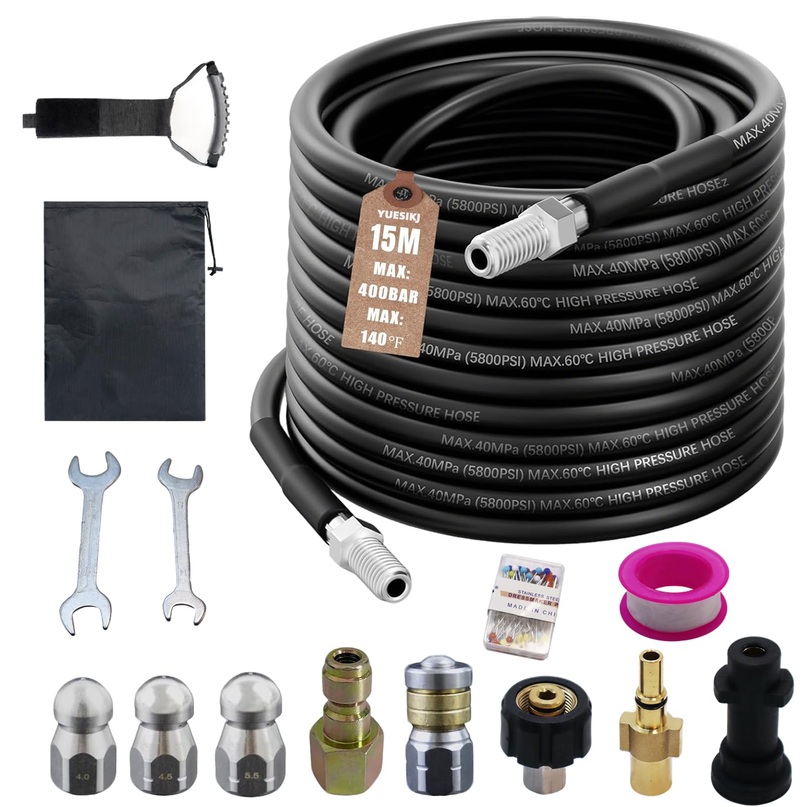 Rohrreinigungsschlauch Set 15m, 400 bar 140°C, mit Adapter und Düsen, Universal Rohrreinigungsset, Kompatibel mit Kärcher k2-k7, Bosch Hochdruckreiniger, für Verstopfung und Reinigung des Abflusses