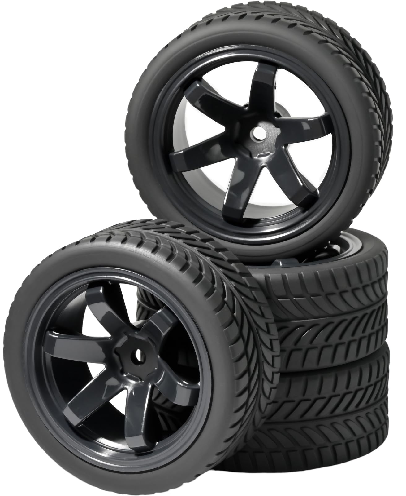 4PCS 1/10 RC On Road Tires and Wheels, Soft Rubber Touring Tires Foam Insert and Nylon Wheels with 12mm Hex Fits for 1/10 Tamiya HPS HPI KYOSHO Traxxas XV02 XV01 TT01 TT02 PTG2 A959 (G-Black)
