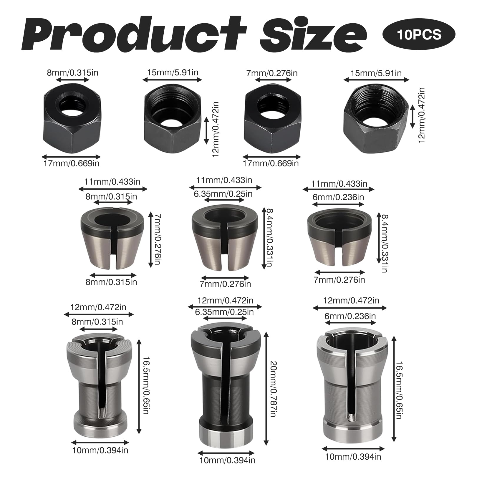 10 Stück Spannzangen Set, Oberfräsen Spannzangenfutter, Geradschleifer Ersatzspannzange, 6 Klemm-Adapter (6 mm, 6,35 mm, 8 mm) mit 4 Muttern, Hochpräzise Stahl-Spannzangenfutter für Graviermaschine