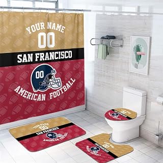 Custom San Francisco Style Football Shower Curtain 4-Set, Personalized Name and Number, Includes Floor Mat, Toilet Cover Mat, U Mat and Shower Curtain Football Fan Bathroom Decorative