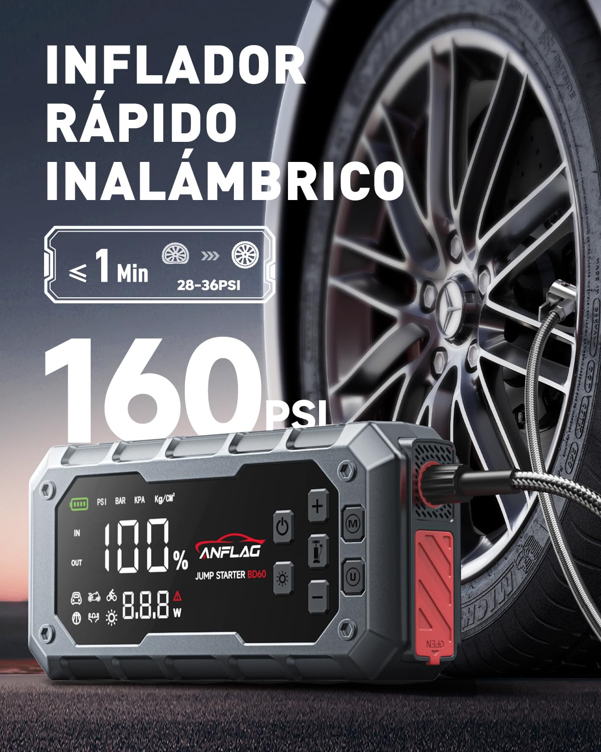Arrancador de Baterias de Coche con Compresor de Air, ANFLAG 8000A 160PSI Arrancador(para All Gas/14L Diésel/Híbrido), 26800mAh 12V Jump Starter con Clips de Seguridad Inteligentes/Guantes/Luces